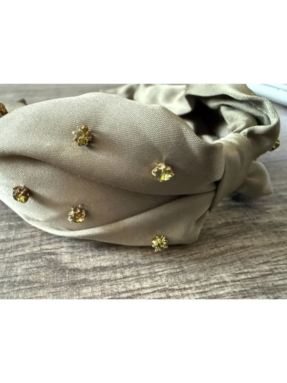 NWOT J. Crew Olive Green Taupe Beaded Rhinestones Knot Headband Satin Finish
